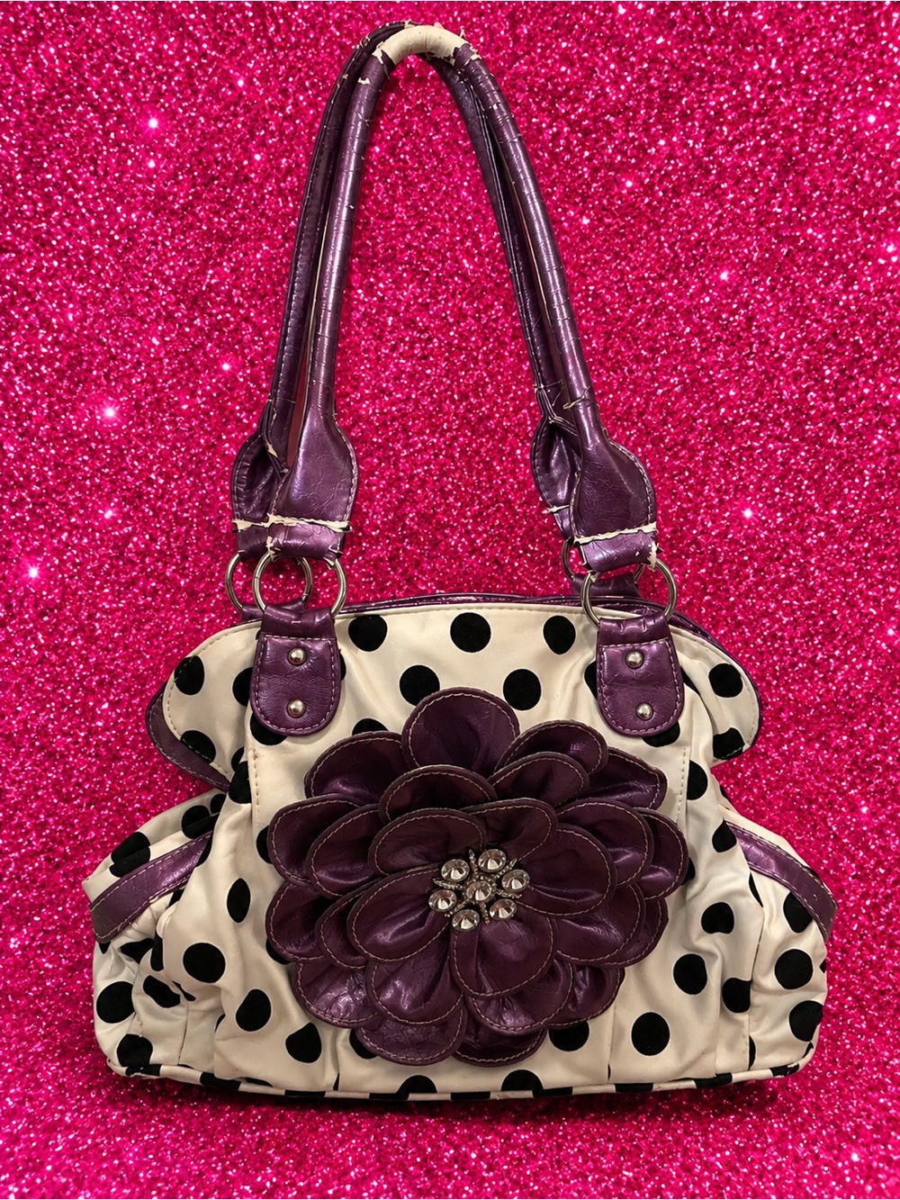Y2K💜Vtg Polka Dot Flower Accent Shoulder Bag